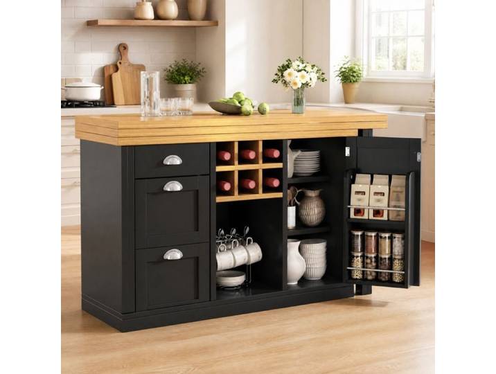Îlot de cuisine extensible – table de bar multifonction – rangement intégré – noir – MDF