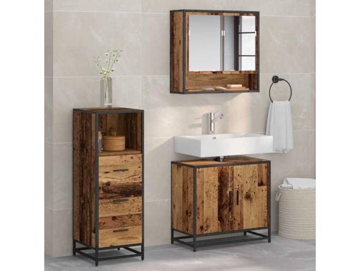 YUTAASU Badmöbel-Set 3 STK. Altholz 65 x 33 x 60 cm Feuchtigkeitsbeständig, Wandmontage, Spiegelschrank, Waschbeckenunterschrank, Hoher Stauraumschrank