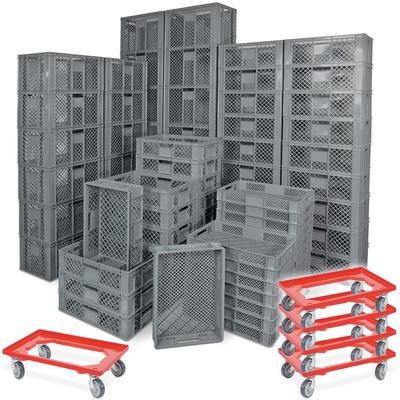 BRB 78 Stück Stapelkörbe/Bäckerkästen in 5 Größen, Grundmaß LxB 600 x 400 mm, H 90 mm, 150 mm, 240 mm, 320 mm, 410 mm, Farbe grau, rot