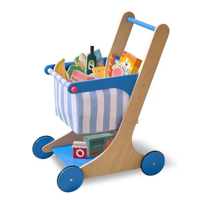 Teamson Kids Wooden Shopping Cart Pretend Play Toy Set with Turning Wheels and 13 Food Accessories for Age 3-5 Kid and Toddlers