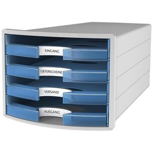 Han Schubladenbox 1013-64, Impuls, A4, 4 Fächer, Kunststoff, offen, transluzent-blau/grau