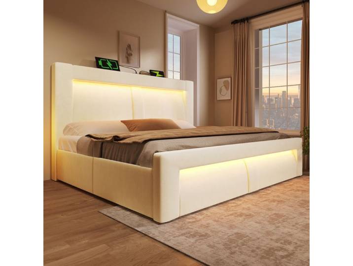 Bladez - Lit coffre 160x200 cm lit capitonné lit double avec hydraulique LED USB-C et design incurvé velours - beige