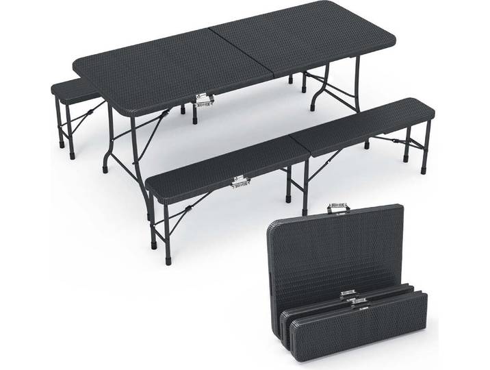 Ensemble de mobilier de brasserie pliable VOUNOT® 3 pièces\, comprenant 1 table et 2 bancs\, ensemble de mobilier de fête d'appoint aspect rotin\, mobilier de jardin\, ensemble de camping\, noir