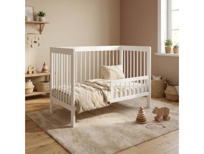 Love For Sleep Babybett Beistellbett 120x60cm mit Sicherheitsbarriere Umwandelbar Weiß Luca Kinderbett aus Holz Mitwachsend Gitterbett