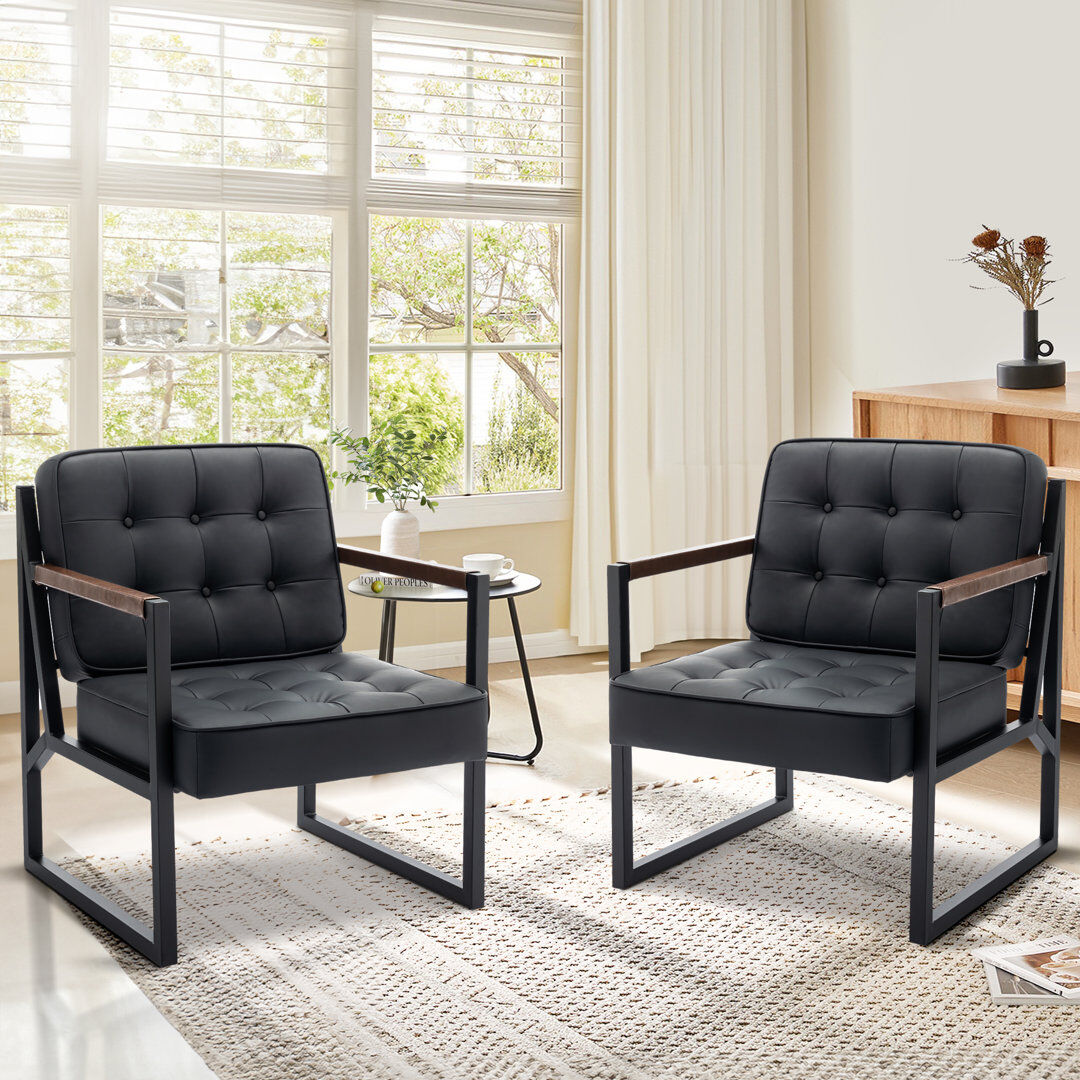 17 Stories Modern Faux Leather Tufted Back Accent Chair with Metal Farme Black Faux Leather 83.4cm H X 66.4cm W X 72.9cm D