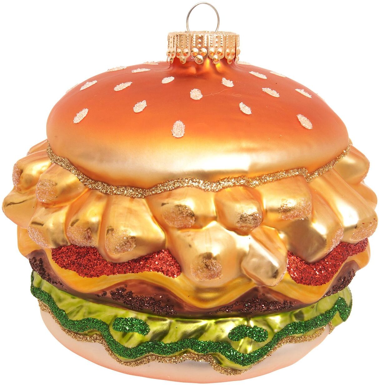 Weihnachtsbaumkugel KREBS GLAS LAUSCHA "Baumschmuck Pommes-Burger gold 10cm", orange (goldfarbig), B:10cm H:10cm T:10cm Ø:10cm, Glas, Weihnachtsbaumkugeln, Weihnachtsbaumkugel, Dekoriert mit Liebe zum Detail goldfarbig 10cm