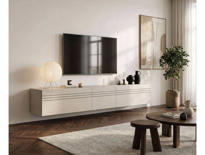 Lowboard GOODPRODUCT SPIAGGIA, 3-teiliges Set, Breite 225cm, stehend & hängend montierbar , beige (kaschmir), B:225cm H:36cm T:34cm, Holzwerkstoff, Sideboards, Lowboard, TV-Möbel, TV-Schrank, TV-Lowboard, Mediaboard