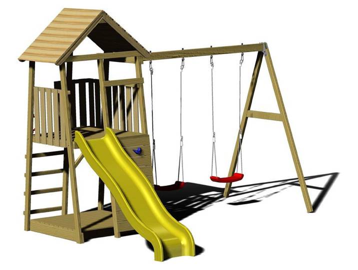 Wendi Toys Holz Spielturm Pinguin inkl. Rutsche, Kletterwand, 2 Schaukeln & Sandkasten Natur 280x340x270 cm