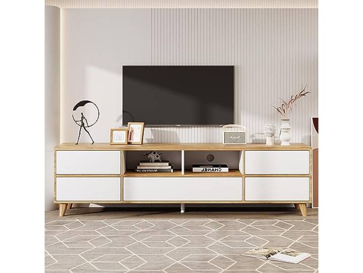 BTM TV-Möbel Rustikal, TV-Bank mit Fächern und Türen, für Wohnzimmer, Esszimmer, Schlafzimmer, Praktische Aufbewahrung, Weiß und Naturholz, 175x37x51cm