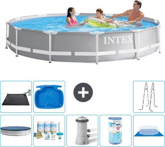 Gartenpool - 366 x 76 cm - Grau - Beinbad - Inkl. Abdeckung - Pflegekit - Pumpe - Filter - Bodenabdeckung - Solarmatte - Leiter - Fussbad