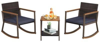 Costway 3 Pieces Rattan Rocking Bistro Set with Coffee Table and Cushions-Navy