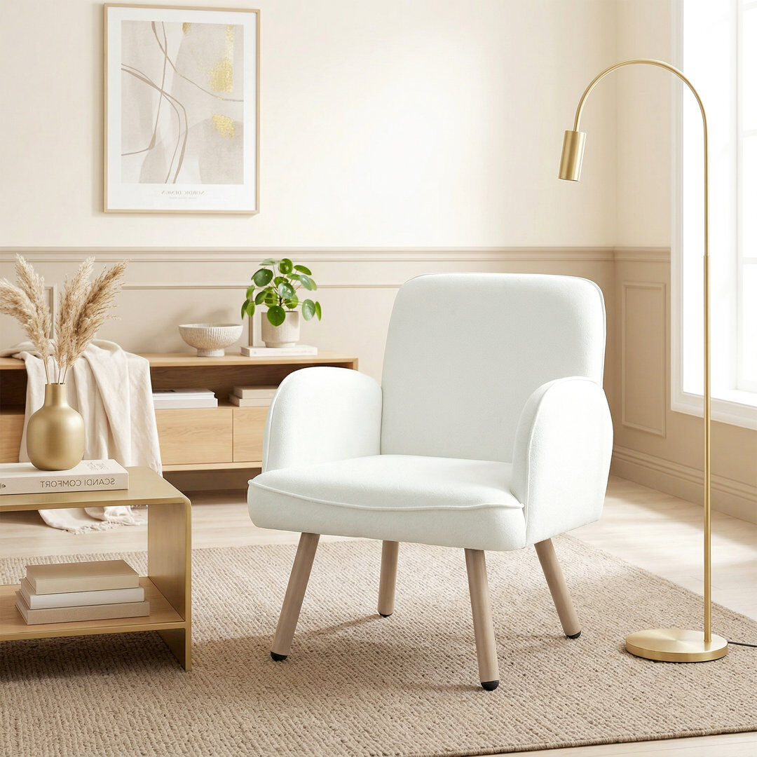 George Oliver Lounge Chair Velvet Upholstered Spring Cushion Cream/Natural Wood 79.5cm H X 64cm W X 64cm D