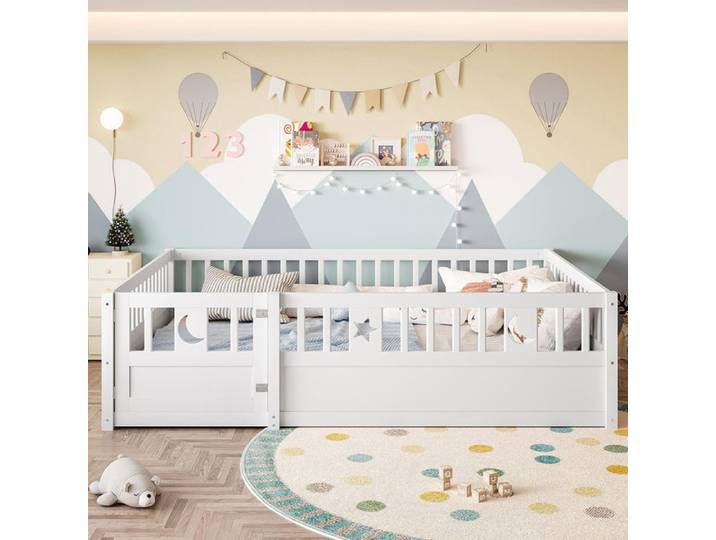 Lit enfant 140x190 cm barrières décor étoiles lune style minimaliste blanc