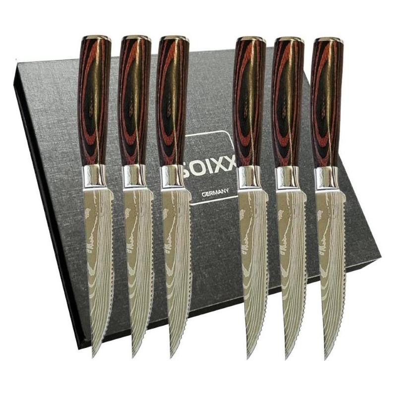 Soixx Steakmesser 6-teilig Set, Edelstahl, Gezackte Klinge, Holzgriff, Geschenkbox (6 Stk., Messer) (68657968)