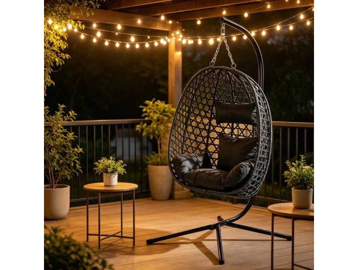 Fauteuil suspendu œuf avec support EVRYAE 105 x 105 x 195 cm hauteur réglable rotin PE anthracite