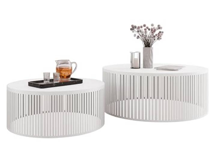 Mirjan24 Couchtische Jervag, Wohnzimmertische, Runde Form, Zwei Im Set, moderner Sofatische, 2er Set Beistelltisch, Teetisch, Metallrahmen (Weiß/Arktisches Weiß)