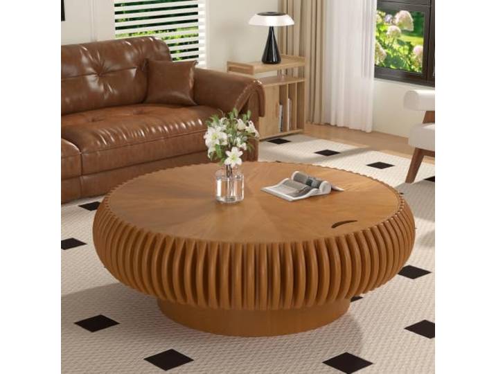 LOVEHOUGES Runder Couchtisch aus Holz in Trommelform Massives Holzfurnier, stabiler Sockel, einzigartiger, handgefertigter Teetisch aus Holz, einfache Montage