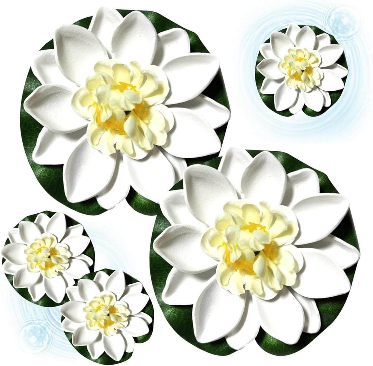 Set van 5 kunstmatige drijvende lotusbloemen in het groen voor decoratie van waterpartijen