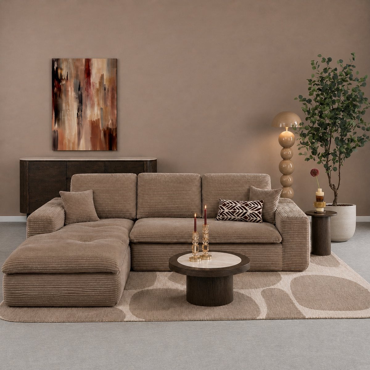 Lazy Hoekbank Velvet Ribstof Taupe Links