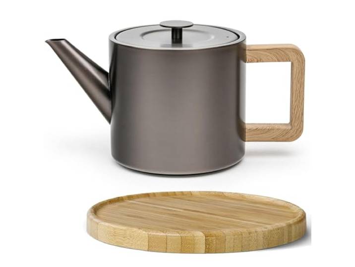 Bredemeijer Edelstahl Teekanne 1.1 Liter - kleine Edelstahlkanne metallic-grau doppelwandig mit Teefilter & braunem Holzuntersetzer