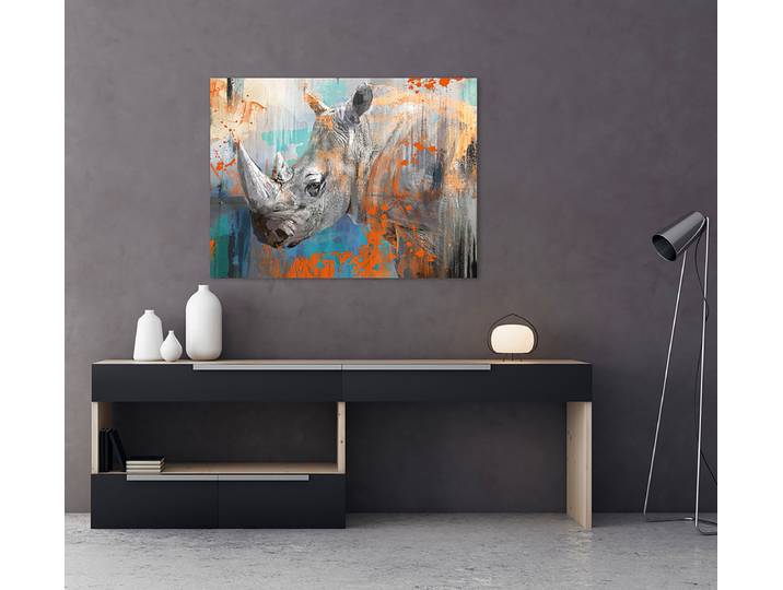 Leinwandbild Popart Nashorn Mischgewebe Blau/Grau 75 x 100 x 3cm