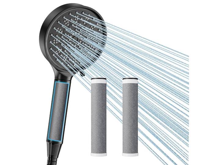 Duschkopf mit Filter, Hochdruck Handbrause mit Schlauch, 6 Strahlarten, Wassersparend, 3 Carbon Duschfilter, Schwarz