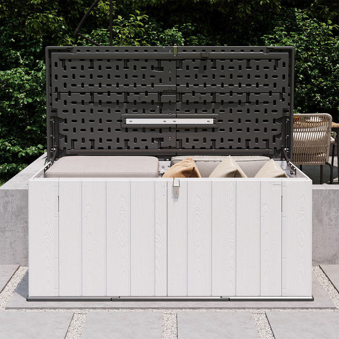 JolyDale 142cm W 16L Polypropylene Plastic Lockable Deck Box Grey/White 63cm H X 142cm W X 67cm D