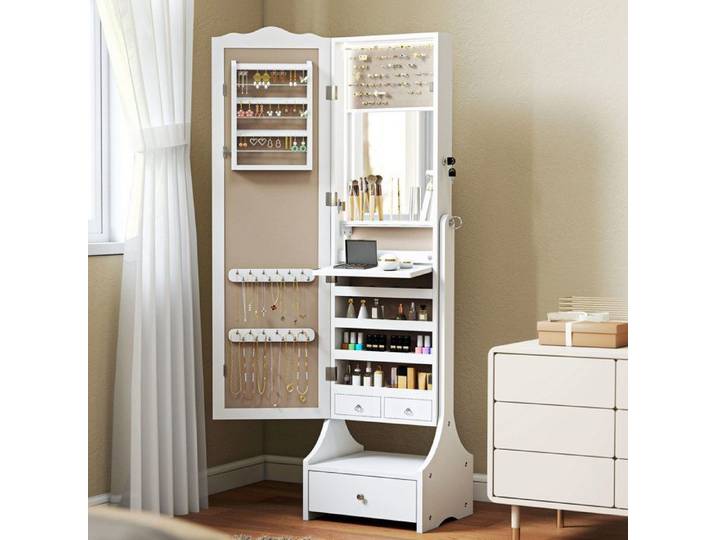 Armoire à bijoux - Miroir pleine longueur LED - Allumage automatique - Tablette pliable - Serrure 2 clés