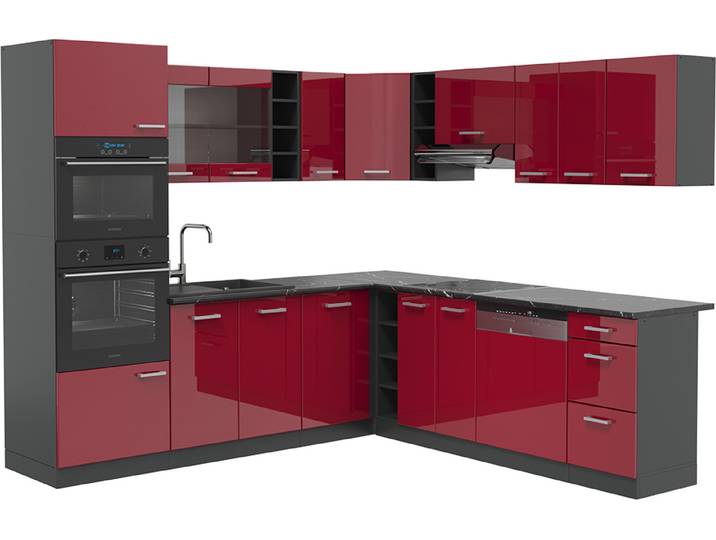 Eckküche Vicco R-Line Rot Hochglanz/Anthrazit 247 x 237 cm, AP Anthrazit, Model 43305