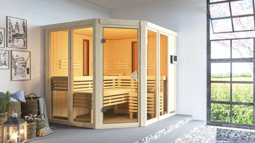 Elementsauna Karibu Avara inkl. 9 kW Ofen u.ext.Steuerung ohne Dachkranz mit bronzierter Ganzglastüre