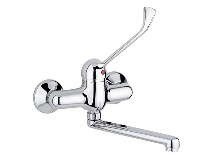 Hochwertige Hygiene-Armatur mit langem Hebel, Ellenbogenbedienung, verchromtes Messing, mit Wandrosetten, Armbedienung, zur Wandmontage