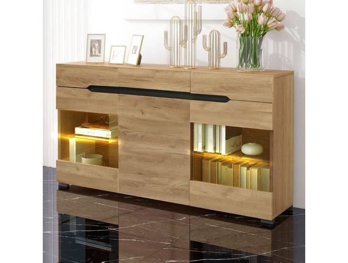 Buffet vitrine QAVRYL 140 cm effet chêne 3 portes 3 tiroirs et LED contrôlée par application