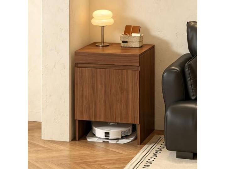sunbiaouk Aufbewahrungsschrank für Saugroboter/Beistelltisch Freistehendes Holzregal mit ausziehbarem Fach für Wohn- und Schlafzimmer(Brown)