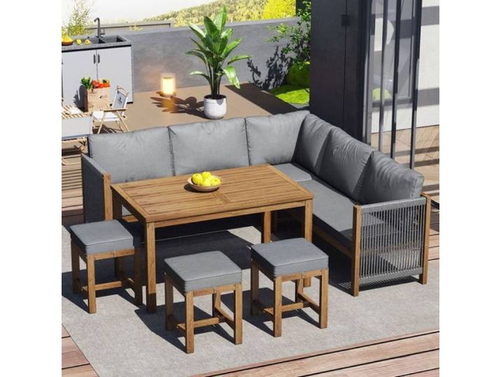 Salon de jardin extérieur - Ensemble meubles de jardin polyrattan - Canapé d'angle 3 tabourets table acacia gris naturel