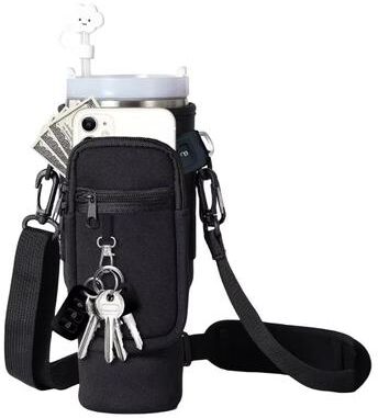 Perfect Picks Market Water Bottle Carrier With Strap & Phone Pocket For Stanley Tumblers black Bag