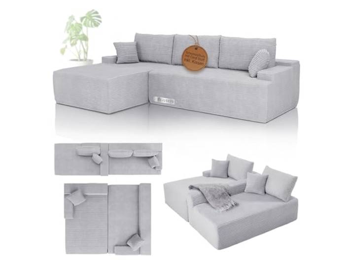 Juskys Sofa Coredo - modernes Cord Sofa mit Ottomane Links, gemütliche Couch mit Schaumstoffpolsterung, Cordbezug & Kissen, modular - Hellgrau