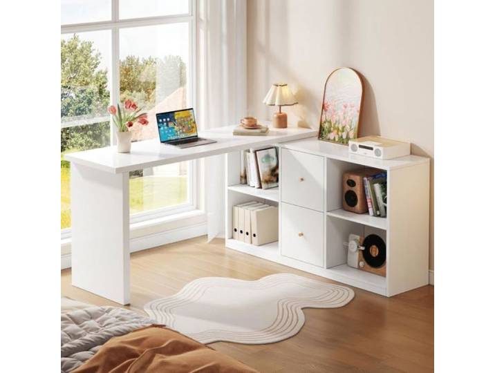 Bureau gain de place forme L 120×50×78 cm bureau d'angle avec 2 tiroirs rangement ouvert finition blanc