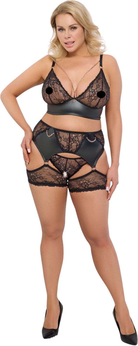 Cottelli Curves - Lace & Leather Accented Bra Set (Black) - 2XL