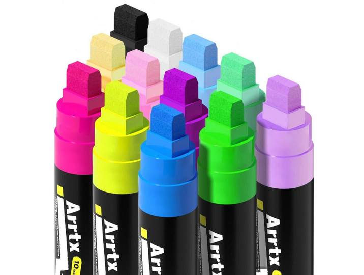 Acrylstifte Marker 12 Stück Keil-Spitze 10mm Set, Mehrfarbig, Kunststoff, 1x1x14 cm, Dekoration, Malbedarf & Bastelbedarf