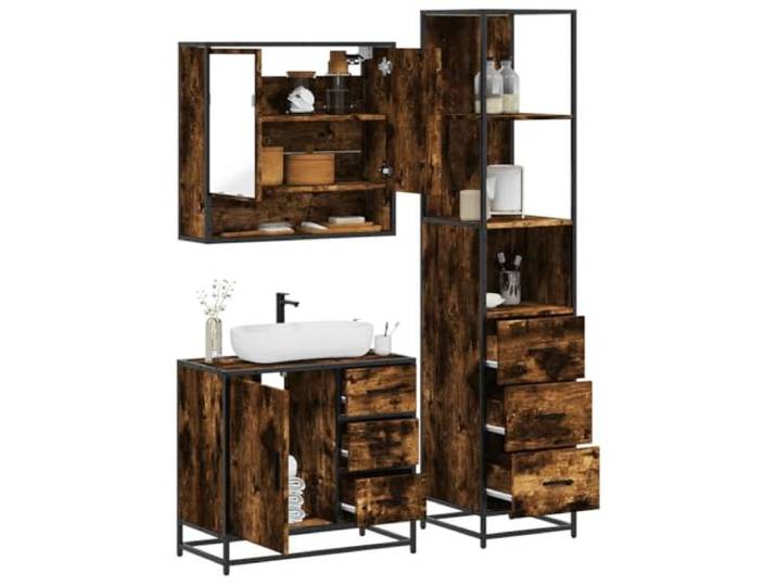 3-tlg. Badmöbel-Set Räuchereiche Holzwerkstoff mit Waschbeckenunterschrank Räuchereiche Holzwerkstoff, Metallgestell, Lowboard, Wandmontage, feuchtigkeitsbeständig, stabil, platzsparend