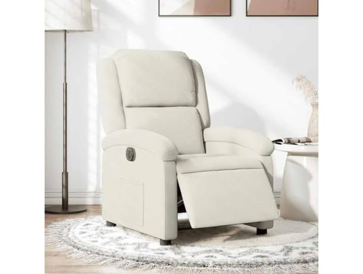 HEFZGDB Elektrischer Relaxsessel mit Liegefunktion und Samtbezug in Creme, Seitentasche und stabilem Holz-Metall-Rahmen