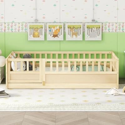 ZWYO HOSIMU Twin Size Pine Wood Montessori Floor Bed Frame High Safety Fence with Door, Child-Friendly Design, No Box Spring Needed