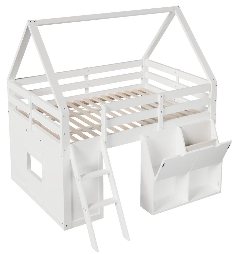 Hochbett in Hausform für Kinder - 140 x 200 cm - Mit Treppe - Klappbare Aufbewahrungsboxen - Stofftaschen - Holz - Weiß