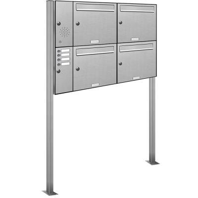 AL Briefkastensysteme 4 Fächer Premium Edelstahl Stand Briefkasten Anlage mit Klingeln, Post A4 modern, robust, wetterfest, Artikelnummer: 331T4S2KSL