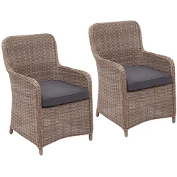 2er-Set Poly-Rattan Stuhl HWC-E98, Rattanstuhl Gartenstuhl Korbsessel, Spun Poly halbrundes Rattan MVG beige Kissen grau
