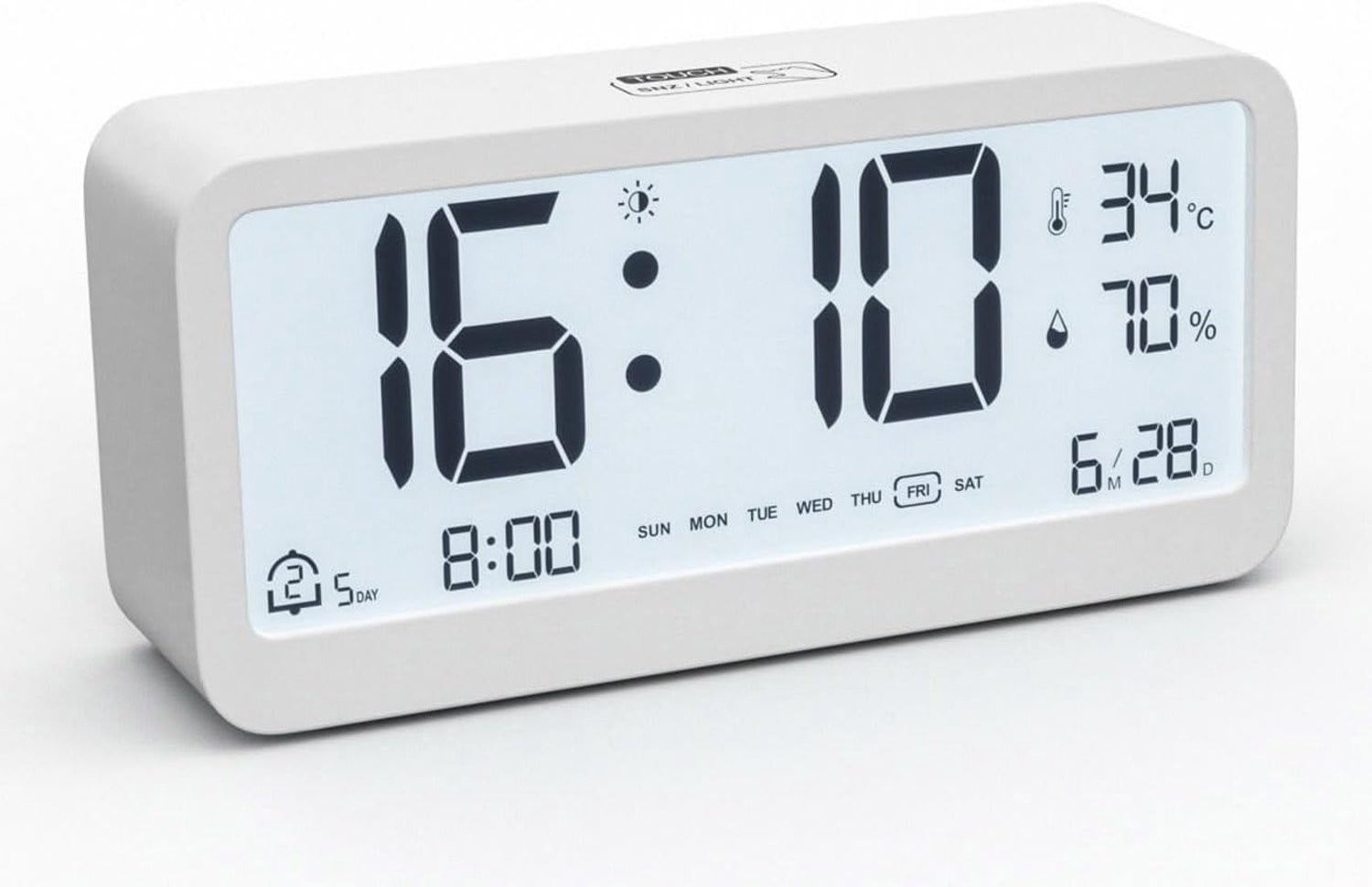 Digitale Wekker met LCD-scherm, Datum, Temperatuur en Vochtigheid, Dubbel Alarm en Achtergrondverlichting, Compacte Tafelklok voor Thuisgebruik