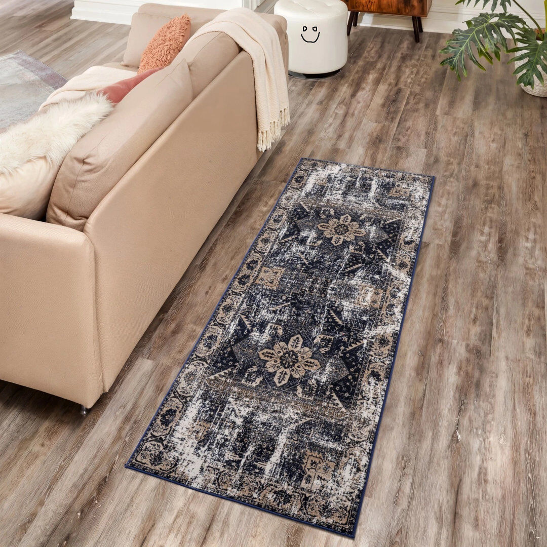 Metro Runner Floral and Oriental Flokati Area Rug Navy Runner 80 x 300 cm