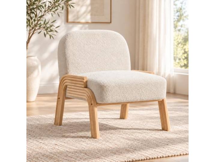 Loungesessel Chenille Polstersessel mit Holzbeinen fürs Wohnzimmer (Beige) Weicher Chenille-Sessel in skandinavischer Optik mit rundem Rücken, Holzrahmen und 136 kg Tragfähigkeit