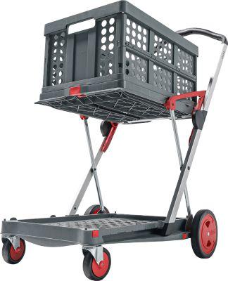 Klappmobil CLAX®, 2 Etagen, Tragkraft bis 60 kg, Lenk- & Bockrollen, inkl. 46 l Klappbox, Aluminium & Kunststoff, grau/rot