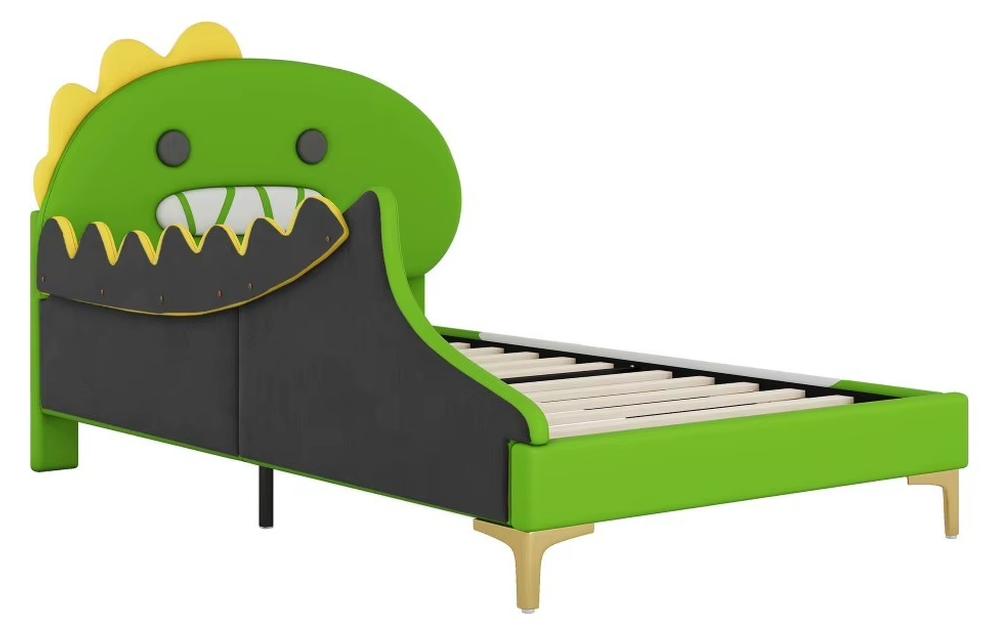 Kinderbett mit Dinosauriermotiv - Flaches Bett - 90 x 200 cm - Polyurethan- Grün - Ohne Stauraum - Zur Montage